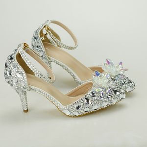 2021 Cinderella Crystal Bride Shoes Heels Women's Sandals High Heel Ladies Silver Wedding Bridal Pumps Plus Storlek 10