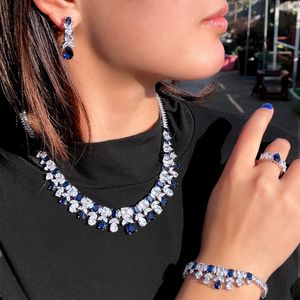 Halsband örhängen halsband cwwzircons 4 st Royal Blue Water Drop Cubic Zirconia Full smyckesuppsättningar för bröllop brudklänning smycken acc