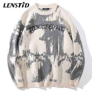 Lenstid Men Hip Hop Stickad Jumper Tröja Brev Broderi Tryck Streetwear Harajuku Höst Hipster Casual Loose Pullovers 211014