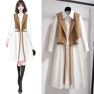 Dress suit female large size spring and autumn fashion tie ribbon waistcoat mid-length shirt dress two-piece 220302