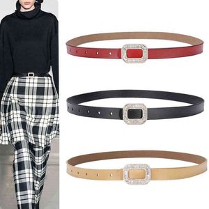 New Designer Diamond Buckle Belt Waist Female Skinny Thin Genuine Leather Belts For Women Dress Crystal Studded Belt G220301