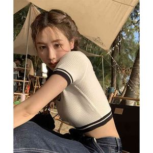 Knitted Bottoms for Female Summer tie Sexy V Collar Short Dew Umbilical Tight T-shirt White Top 210529