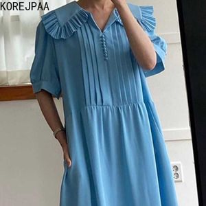 Korejpaaの女性のドレス韓国のシックなフランスの気質人形襟の折りたたみデザインステッチ緩い半袖プリーツvestido 210526