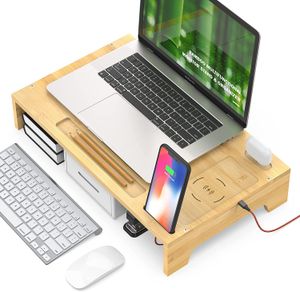 Built-in Phone Wireless Charger, 6-in-1 Computer Monitor Stand Riser - Bamboo Desk Organizer Home & Office Shelf Desktop Storage with Charge Station