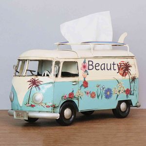 Flower Bus Model Figurines Retro Car Dustproof Tissue Storage Box For Office Home Decoration