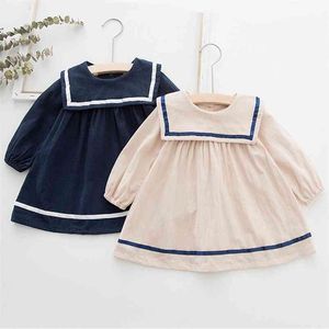 Abbigliamento per bambini autunnali Abito a maniche lunghe in stile preppy con risvolto blu scuro per ragazze Toddler Warm Christmas 210528