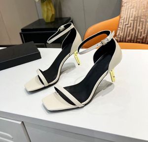 Letter metal heel 8.5cm sandals luxury designer style patent leather thriller high heels women's unique dress wedding shoes sexy dress send box size 35-42