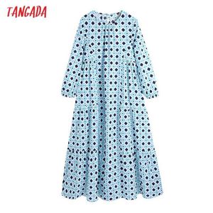 Tangada أزياء المرأة هندسة طباعة قميص اللباس خمر طويلة الأكمام مكتب السيدات فستان طويل BE 605 210609