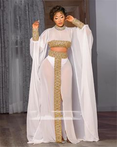 Long Sleeves Prom Dresses Beaded Lace African Formal Party Gowns A Line White Chiffon Party Formal Two Piece