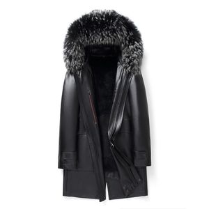 Long Shearling Leather Jacket winter coat men clothes Windbreaker Hooded Male Outwear Warm Real Rabbit Fur Liner Plus Size black tops