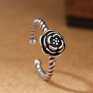 Retro Black Rose Anéis 925 Prata para Mulheres Flor Anel Aberto Boutique Jóias