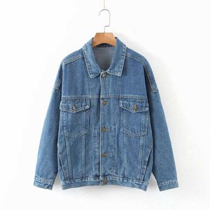 Vintage Women Jean Jackets Autumn Winter Blue Oversize Denim Washed Coat Turn Down Collar Pocket Loose Outwear 210526