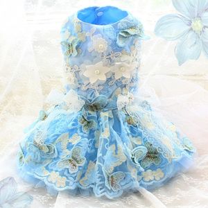 Ręcznie robione ubrania sukienka pies ubrana koronka motyl jasnoniebieskie kwiaty tutu wieczorowe imprezowe suknia Pet Cat Wedding pudel Dropshipping