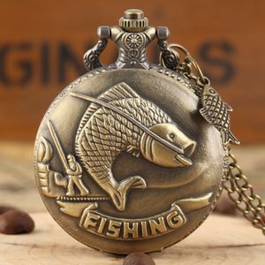 Vivid Fishing Carving Design Quartz Pocket Watch Vintage Bronze Interesting Design Angling Clock for Men Women + Fish Accessory