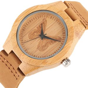 Piękny motyl Decoration Dial Zegarki Drewno Dla Damska Dziewczyna Kobiety Handmade Bambusa Zegarek Zegarek Kwarcowy Relogio Feminino