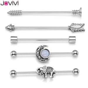 Jovivi 14G Stainless Steel Moon Elephant Arrow Charms Industrial Barbell Earring Cartilage Body Piercing Ear Jewelry 5 pcs