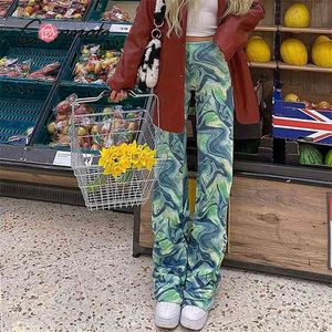 Conmoto Stacked wide leg summer pants Green tie dye Y2K fashion long Printed ruch vintage high waist women trousers 210915