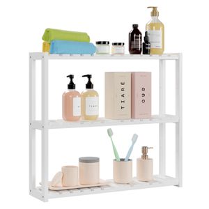 3-Tier Bamboo Bathroom Shelf, Wall Mounted Utility Storage Organizer with Adjustable Layer Rack for Kitchen Living Room, White on Sale