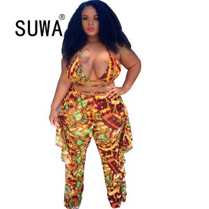 Wholesale Plus Size Clothing Sexy Evening Party Club 2 Piece Set Women Deep V Neck Bra Crop Top + Ruffles High Waist Pants Suit 210525