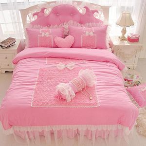 Wholesale romantic pink bedding set for sale - Group buy Bedding Sets Romantic Pink Lace Rose Flower Princess Bow Ruffles Duvet Cover Bed Skirt Linen Pillowcases Cotton Home Textile