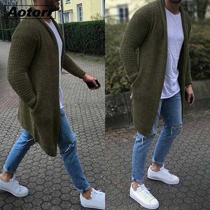 Nya Mens Stickad Bomull Cardigan Fashion Long Sweaters Man Casual Solid Långärmad Slim Outwear Höst Vinter Varm Jacka Y0907