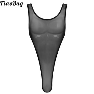 Herren Badebekleidung Tiaobug Männer einteilig aufsehen durch bloße Mesh Schwimmbodysuit Dessous u Hals ärmellose hoch geschnittener Trikot-Jumpsuit