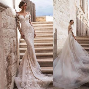 Long Sleeves Wedding Dresses Bridal Gown With Detachable Train Overskirt Sheer Scoop Neck Lace Applique Custom Made Robe De Marie