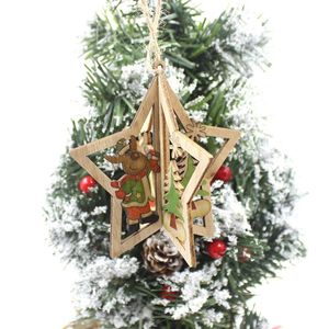 Christmas Decorations Multifaceted Decors Cartoon Santa Snowman Elk Printed Star Shaped Wooden Pendants Retro Xmas Tree Ornament LB