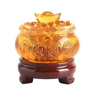 Gul kristall glasyr kinesisk fengshui rikedom yuanbao drake treasure bowl staty 211108