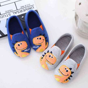 Autumn Winter Boys Cotton Fabric Home Shoes Children Cute Dinosaur Floor Slippers Kids Anti-slip Sock Shoes Indoor Warm Slippers 211119