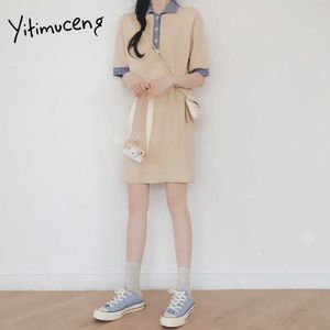YITIMUCENGカジュアルドレス女性夏の韓国のファッションニットミニドレス半袖アプリコットプレッピースタイルSUNDRESS 210601