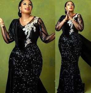 Plus Size Arabo Aso Ebi Sirena nera Abiti da ballo sexy Profondo scollo a V in pizzo con paillettes Sera formale Abiti da secondo ricevimento