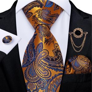 Muszki pomarańczowy niebieski brązowy cm paisley dla mężczyzn jedwabny krawat z broszką łańcucha weselne męskie szyi zestaw Hanky Cufflinks Dibigu