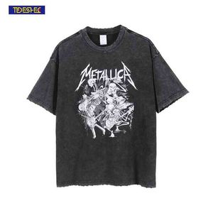 2022 Ripped Skull Band Print T-shirt Spring Summer Washed Band T-shirt Men and Women Fashion Streetwear T-shirt Hip Hop Top Tee G1217