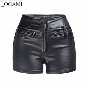 Logami High Waist PU Läder Shorts Kvinnor Zipper Moto Biker Skinny Svart Sommar Höst 210722