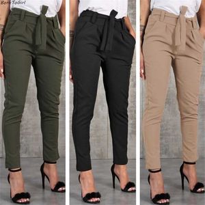 Borntogirl Casual Slim Chiffon Tunna byxor för kvinnor Hög midja Black Khaki Green Woman Byxor 211115