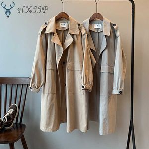 Hxjjp vårhöst kvinnor mode märke korea stil midja bälte lös khaki färg trench kvinnlig avslappnad elegant mjuk lång kappa 210607