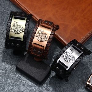 Punk Wide Band Gürtel Weben Leder Charm Armbänder Legierung Wolf Kopf Totem Pirat Carving Uhr Schnalle Armreif Manschette Armband für Männer