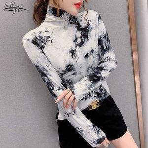 Wiosna Modne Blusas Mujer Turtleneck Tie Dye Drukuj Downing Comfort Comfort i Slim Długi rękaw Błoszki bawełniane 210527