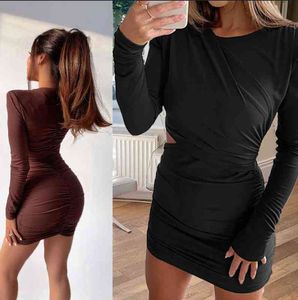 Spring Black Brown Bodycon Dress Mini Women Autumn Sexy V Neck Long Sleeve Elegant Party Dresses Hollow Out Club Female Clothing Y1204