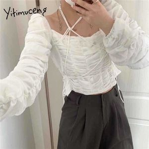 Yitimuceng Ruched Blouse Women Bandage Bare Shoulder Shirts Puff Sleeve Unicolor White Clothes Summer Korean Fashion Tops 210601