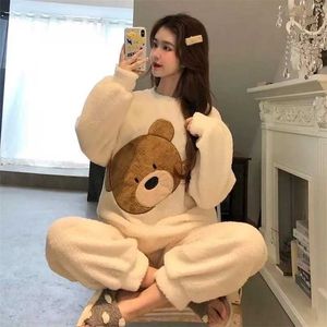Pajamas for Women Winter Flannel Warmth Sleepwear Cartoon Long-sleeved Thick Coral Fleece Nightie Home Tops Plus Size Lingere 211215