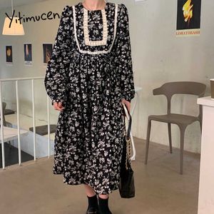 Kadınlar için Yitimuceng Çiçek Baskı Elbiseler Kemer Kore Moda Vintage Midi Elbise Uzun Puf Kollu Kahverengi Siyah Elbise Bahar 210601