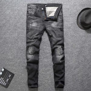 Ly Designer Fashion Men Jeans Retro Black Gray Slim Fit Ripped for High Quality Patchwork Hip Hop Punk Denim Pants A9LT