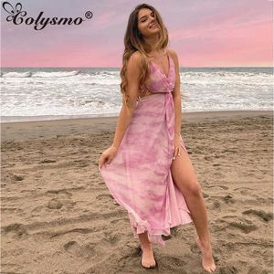 Colysmo sommar chiffong klänning tryck backless tie upp foder stretch sida split rosa kvinna sexig avslappnad semester vestidos 210527