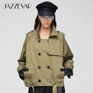 Jazzevar nova chegada outono trench casaco mulheres moda algodão duplo breasted curto vestuário solto outerwear 9018 201103