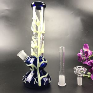 Dark Blue Glass Bong for Smoking with Luminous Pattern Hookahs Straight Type