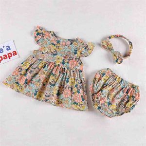 Korean Japan Style Baby Girls Clothing Sets Dress Tops+ PP Shorts Summer Cotton Flower Short sleeve Clothes Suit 210804