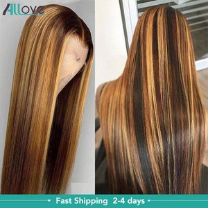 Allove Highlight Straight x4 Stängning Mänskligt hår Wig Lace Front Pärlor Brasilianska Deep Curly Body Wave