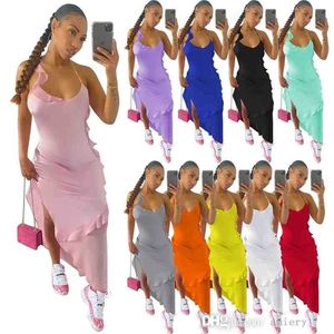 Mulheres Sexy Plus Size Vestidos Designer Sólida Cor Ruffle Plissado Casual Longo Suspender Dress Ten Cores S-XXL